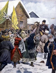 La superstición en Rusia: la policía intenta dispersar la secta de los nuevos cristianos. Ilustración de Beltrame. La Domenica del Corriere. 1901.