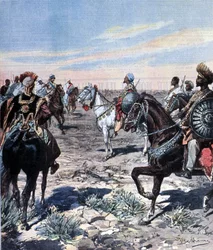El capitán Mozzetti en el campamento del Ras Makonnen (Mekonnen Welde Mikael) (Abba Qagnew) (1852-1906) en Etiopía. Ilustración de Beltrame. La Domenica del corriere. 1899