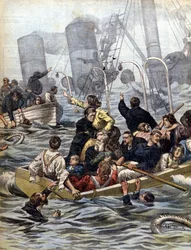 Los dramas marítimos: el naufragio del paquebote Wallawalla cargado de buscadores de oro provenientes del Klondike (Ilustración de Beltrame, La Domenica del Corriere, 1902)