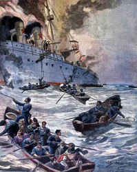 El incendio del barco de vapor Vittoria en Alicante. Ilustración de Beltrame. La Domenica del corriere. 1899
