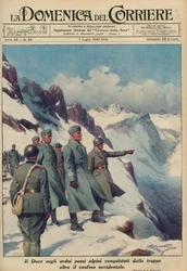 MUSSOLINI EN LOS ALPES - Benito MUSSOLINI observa los escarpados pasos alpinos que sus tropas han conquistado valientemente julio de 1940 - Domenica del Corriere 1940 - Achille Beltrame