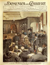 Maria Tarnowska en juicio en Venecia, por Achille Beltrame, ilustración, Ilustrador Achille Beltrame (1871-1945), de La Domenica del Corriere