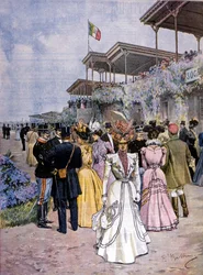 Milán: las carreras de caballos en el hipódromo de San Siro: entrega del Premio del comercio. Ilustración de Beltrame. La Domenica del corriere. 1899