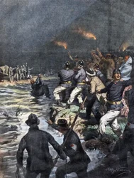 Rescate milagroso de carreteros bloqueados en una isla en el río Serio cerca de Bérgamo - Ilustración de Beltrame en "La Domenica del Corriere" 10/1909