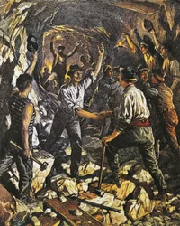 Apertura del primer tramo del túnel ferroviario de Simplon entre Arona y Meina, por Achille Beltrame, de La Domenica del Corriere, 25 de octubre de 1903