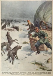 Manadas de lobos atacando a la tripulación de un globo aerostático ruso varado, ilustración de 