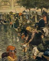 Peregrinación a Caravaggio: Baño en aguas milagrosas, por Achille Beltrame (1871-1945), de La Domenica del Corriere