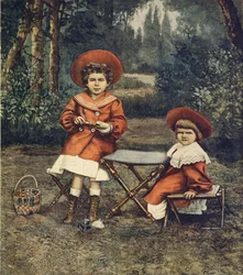 Princesas Jolanda y Mafalda, hijas del rey, en los jardines del Quirinal, por Achille Beltrame, de La Domenica del Corriere