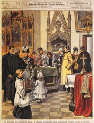 Petición pública contra el divorcio en la sacristía, por Achille Beltrame, ilustración, de La Domenica del Corriere, 9 de febrero de 1902