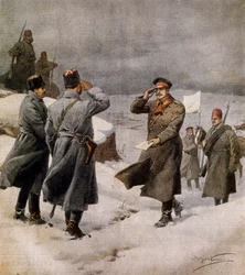 Reanudación de la guerra, parlamentario turco llegando al campamento búlgaro con mensaje anunciando el fin del armisticio, ilustración de La Domenica del Corriere, 9 de febrero