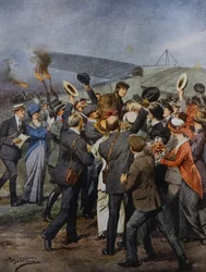 Regreso a Turín del aviador Perrylon, después de volar en un solo día a Roma, Italia, ilustración de Achille Beltrame de La Domenica del Corriere, 15 de junio