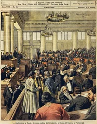 Constitución rusa: primera reunión del Parlamento en San Petersburgo, por Achille Beltrame, de La Domenica del Corriere, 20 de mayo de 1906