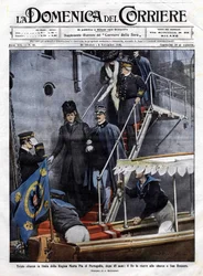 Triste regreso a Italia de la Reina María Pía de Portugal después de 48 años: el rey italiano Víctor Manuel III la recibió en San Rossore en Toscana. Ilustración de Beltrame. La Domenica del Corriere. 6/11/1910