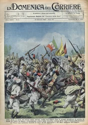 Escena de alegría en Addis Abeba (Addis Abeba), Etiopía, regreso de Ras Hailou de importantes operaciones policiales. Desfile en honor del Duce (Benito Mussolini) y el Rey de Etiopía. Ilustración de Achille Beltrame en “La domenica del corriere” 10/01/1937