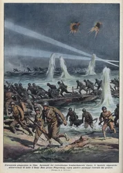 Segunda Guerra Sino-Japonesa (1937-1945): El ejército japonés cruza el río Huto cerca de Pingshang, bajo bombardeo chino. Ilustración de Achille Beltrame de 