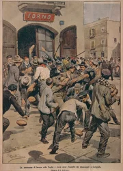 Graves escaseces de trabajo en Apulia, hornos asaltados por los desempleados de Cerignola, por Achille Beltrame, ilustración, Ilustrador Achille Beltrame (1871-1945), de La Domenica del Corriere, 20 de diciembre de 1908