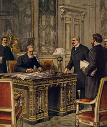 Firma de la Convención de Arbitraje Franco-Italiano en París, por Achille Beltrame, ilustración, de La Domenica del Corriere