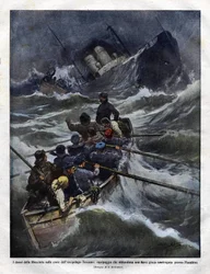 Hundimiento de un barco italiano frente a la Toscana en 1910. Ilustración de Achilles Beltrame