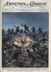 Guerra Civil Española: Una división de voluntarios italianos huye del Ejército Republicano Español en la región de Mérida, España. Ilustración de Achille Beltrame en “La domenica del Corriere” del 11/07/1937.
