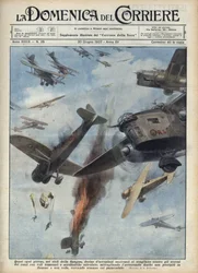 Guerra civil española: combates aéreos entre aviones republicanos y nacionalistas sobre la España en guerra. Ilustración de Achille Beltrame en «La domenica del Corriere» del 20/06/1937.
