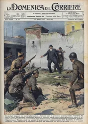 Guerra Civil Española: Diplomático polaco capturado al embarcar en Valencia para Polonia escapó por poco de la ejecución por tropas republicanas, gracias a la intervención del Ministro polaco Szumiakowski. Ilustración de Achille Beltrame en "La domenica de
