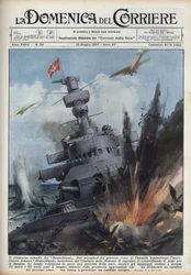 Guerra Civil Española: Dos aviones del gobierno republicano en Valencia bombardearon el crucero alemán Deutschland para evitar el tráfico de armas a España. Ilustración de Achille Beltrame en “La domenica del Corriere” del 13/06/1937.