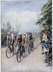 El Giro de Italia con Guerra y Binda - dibujo de A. Beltrame, en “La Domenica del Corriere” del 1 de febrero