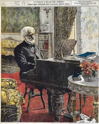 El compositor italiano Giuseppe Verdi en su estudio, placa de Achille Beltrame (1871-1945), La Domenica del Corriere, 8 de octubre