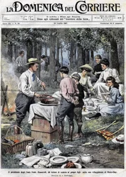 El presidente de los Estados Unidos Theodore Roosevelt (1858 - 1919) enseñó a sus hijos los deberes de un hombre de buena sociedad cortándole la pierna durante un picnic en su segunda residencia en Oister Bay. Ilustración de Achille Beltrame. La Domenica d