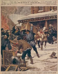 La Revolución Rusa: Campesinos saqueando propiedades de los ricos rurales, por Achille Beltrame, de La Domenica del Corriere, diciembre de 1905