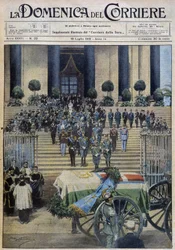 La bendición de los restos mortales del Duque de Aosta en Turín, después de que el cortejo fúnebre cruzara toda la ciudad - dib. de A. Beltrame en "la Domenica del Corriere" del 19/07/1931