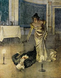 La muerte de Scarpia al final del acto II de Tosca de Giacomo Puccini, plancha de Achille Beltrame (1871-1945), La Domenica del Corriere, 4 de febrero