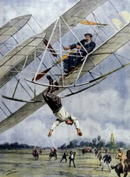 Los dramas del aire: Orville Wright y el teniente estadounidense Selfridge se precipitan con su avión desde una altitud de treinta metros. Ilustración de Beltrame. La Domenica del Corriere. 1908