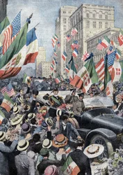 La entusiasta bienvenida dada por el pueblo estadounidense a Fernando de Saboya, Duque de Génova y Príncipe de Udine (1884 - 1963) cuando llegó a Boston. Ilustración de Beltrame. La Domenica del Corriere. 06/1917.