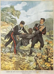 El famoso bandido Musolino siendo arrestado cerca de Acqualagna en el distrito de Urbino, por Achille Beltrame (1871-1945), de La Domenica del Corriere, 27 de octubre de 1901