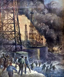 El infierno de fuego y llamas. El incendio del pozo de petróleo Signal Hill en California. Ilustración de W. Beltrame. "La Domenica del corriere", 28/12/1924.