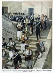 La última banda de malhechores sardos cuando salen del Tribunal de Asís en Cagliari donde se lleva a cabo el juicio. Ilustración de Beltrame. La Domenica del Corriere. 07/1913.