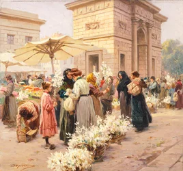 El mercado de lirios en Porta Garibaldi en Milán, por Achille Beltrame (1871-1945), de La Domenica del Corriere, Italia siglo XX