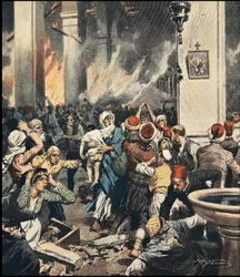Las masacres de armenios en Turquía en 1909 en Adana, ilustración de Achilles Beltrame (1871-1945) en “La Domenica del Corriere” de mayo de 1909
