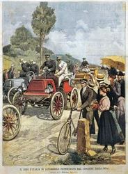 Gira por Italia en coche, patrocinada por Corriere della Sera, ilustración de Achille Beltrame de La Domenica del Corriere, 19 de mayo