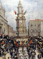 Fiesta tradicional siciliana: un tanque llevado en procesión a Casteltermini (Girgenti). Ilustración de Beltrame. La Domenica del Corriere. 1904