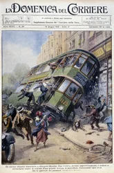 Accidente de tranvía en Glasgow, Escocia: uno de los coches volcó sobre una vitrina de porcelana y sobre los transeúntes - dibujo de A. Beltrame, en “La Domenica del Corriere” del 1 de febrero de 1931