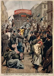 Huelga de tranvías en Milán, ilustración de Achille Beltrame, de La Domenica del Corriere