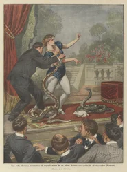 Una bella siberiana encantadora de serpientes mordida por una pitón durante un espectáculo en Alessandria (Piamonte)