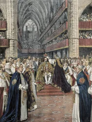 Reino Unido (1901). Coronación de Eduardo VII en la abadía de Westminster. Ilustración de Achille Beltrame publicada en Domenica del Corriere. Grabado.