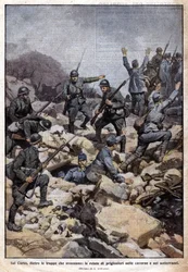 Primera Guerra Mundial: frente italiano en la meseta del Carso (Trentino) y prisioneros en el subsuelo. “Domenica del Corriere”. 07/1917 (litografía)