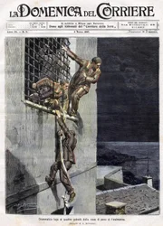 Escape de tres prisioneros de la prisión de Finalmarina en Italia en 1907. Ilustración de Achille Beltrame para la Domenica del Corriere del 3 de marzo