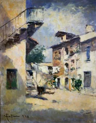 Interior de patio rústico, de Achille Cattaneo (1872-1931). Italia, siglo XX.