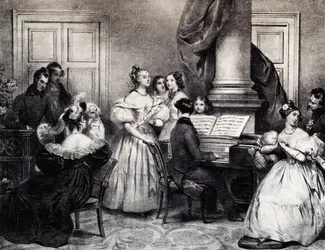 Concierto familiar con piano, de Achille Deveria (1800-1857), grabado, Francia