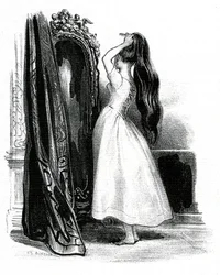 Madame Bovary, para la novela de Gustave Flaubert - Emma Bovary recoge su largo cabello frente a su espejo